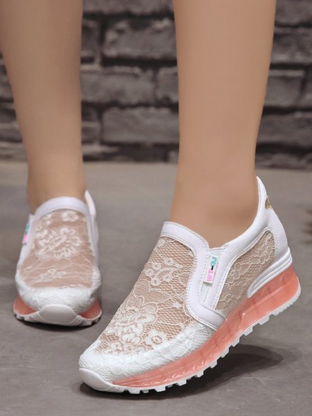 

Breathable Floral Lace Wedge Heel Casual Slip On Shoes, Pink, Sneakers