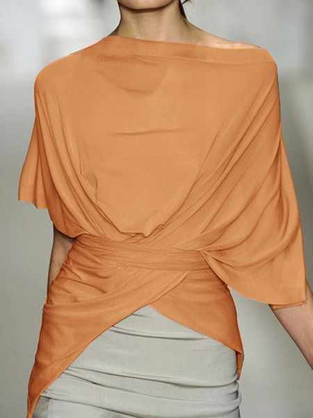 

High Elasticity Loose Short sleeve Urban Asymmetrical Shirt, Orange, Blouses and Shirts