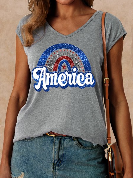 

Women's 4th of July Rainbow America Freedom Print Casual V Neck Tank Top, Gray, Tank Tops