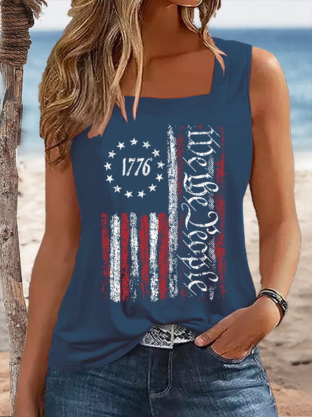 

Women's America Flag Cotton Square Neck Tank Top, Dark blue, Tank Tops