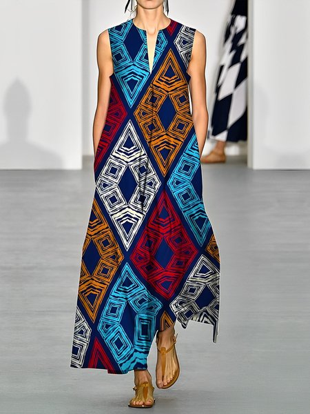 

V Neck Vacation Abstract Sleeveless Loose Dress, Multicolor, Maxi Dresses