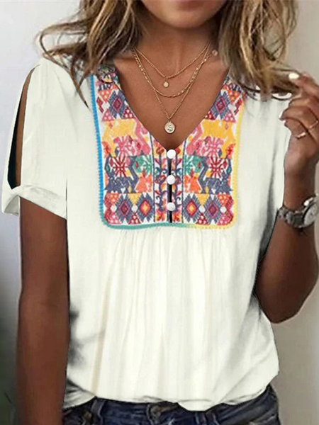 

V Neck Casual Loose Ethnic T-Shirt, Beige, T-Shirts