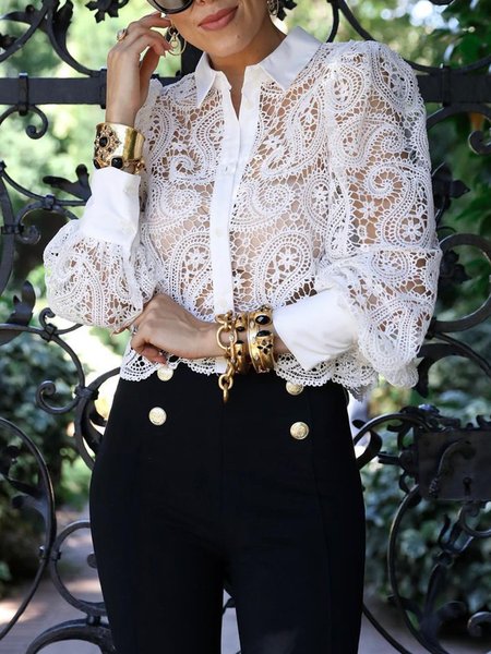 

Shirt Collar Elegant Regular Fit Plain Blouse, White, Blouses and Shirts