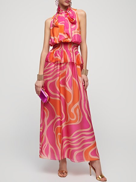 

Vacation Abstract Scramble Halter Dress, Pink, Maxi Dresses