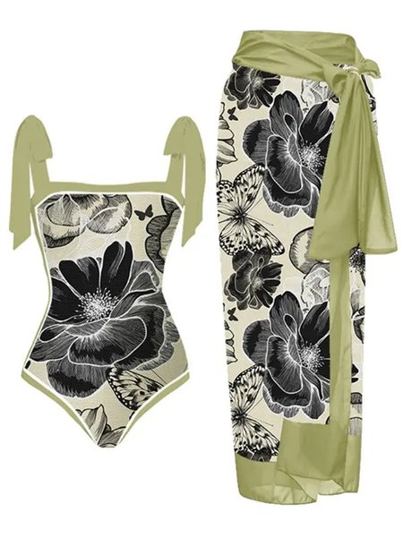 

Casual Floral Printing Strapless One Piece With Cover Up, Green, swimwear>>One-Pieces