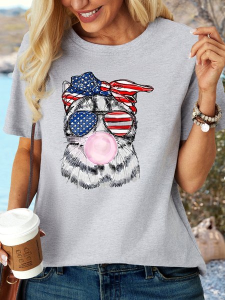 

Women's 4th of July cat Bubblegum Patriotic cat Sunglasses Crew Neck Casual T-Shirt, Gray, T-shirts