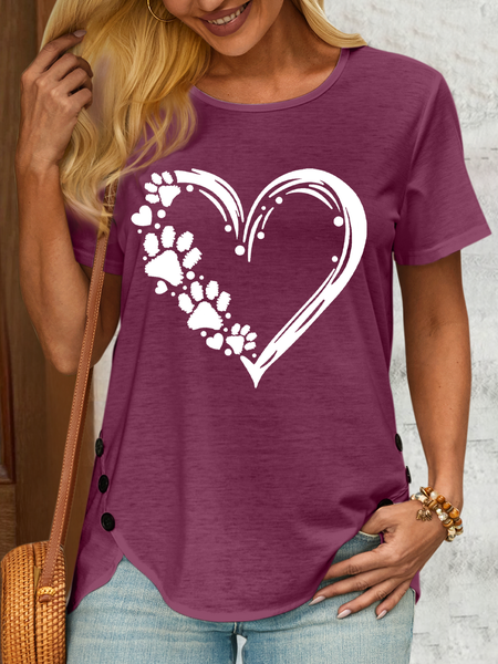 

Women's Paw Heart Crew Neck Casual Loose Cotton-Blend T-Shirt, Wine red, T-shirts