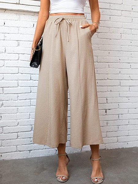 

Loose Drawstring Plain Casual Pants, Khaki, Pants