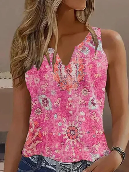 

Vacation Ethnic V Neck Loose Tank Top, Pink, Tanks & Camis