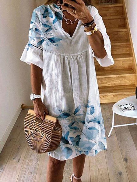 

Women's Linen Casual V Neck Leaf Print Elegant Dress, White, Mini Dresses