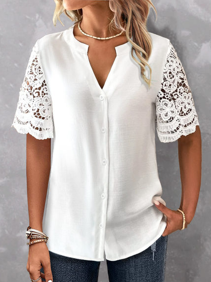 

Loose Lace Simple Plain Blouse, White, Blouses & Shirts