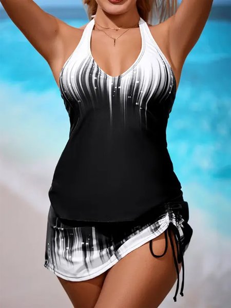 

Casual Abstract Printing V Neck Swim Dress, Black-white, swimwear>>Tankinis