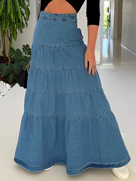 

Urban Loose High Waist Plain Denim Skirt, Denim blue, Denim Skirts