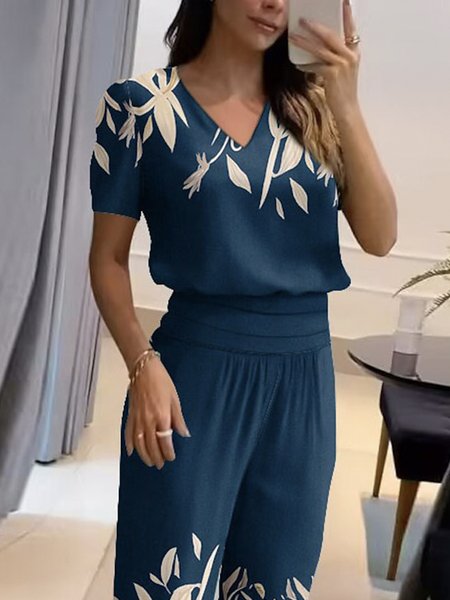 

V Neck Loose Casual Short sleeve T-Shirt, Blue, Tees