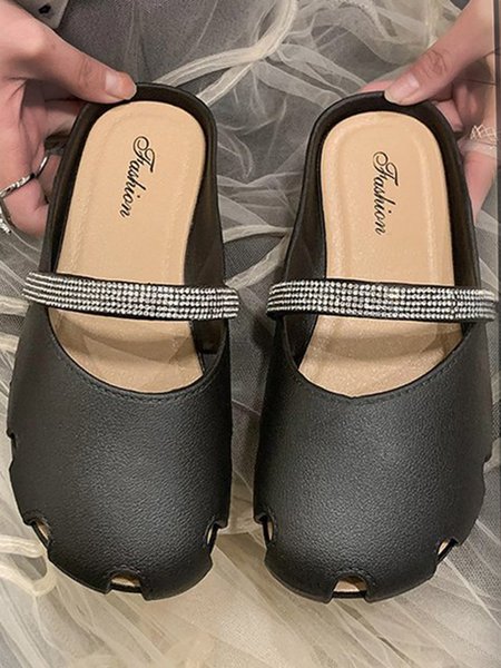 

Rhinestone Breathable Cutout Casual Mules, Black, Flats