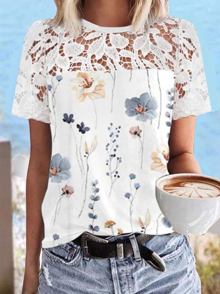Crew Neck Lace Floral Casual Shirt