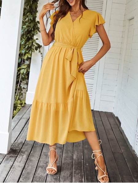 

V Neck Casual Plain Loose Dress, Yellow, Dresses