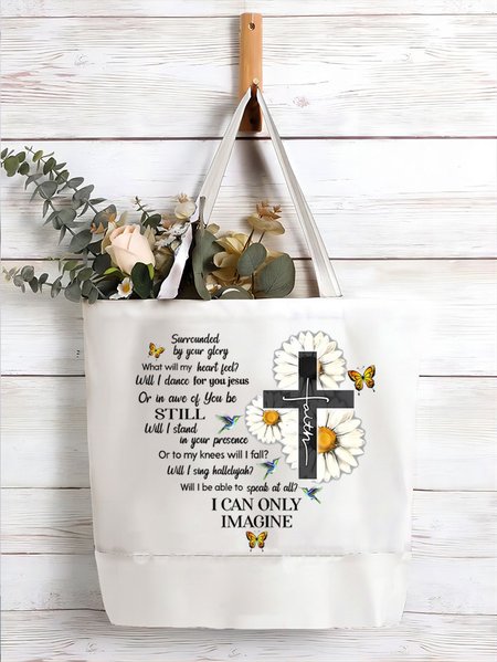 

Women's Mercyme I Can Only Imagine Daisy Cross Christian Daisy Text Letters Shopping Tote, White, Bags