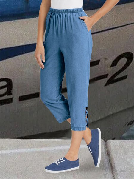

Loose Plain Casual Pants, Blue, Pants