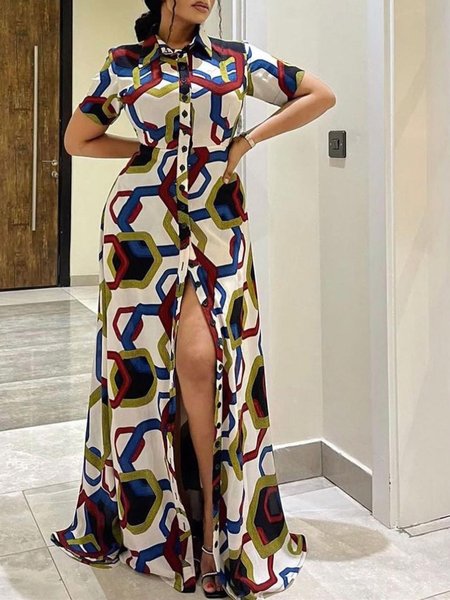 

Shirt Collar Geometric Regular Fit Urban Shirt Dress, White, Maxi Dresses