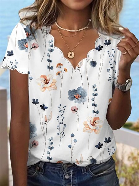 

Summer Dessert Shell Neck Floral Design T-Shirt, White, T-Shirts