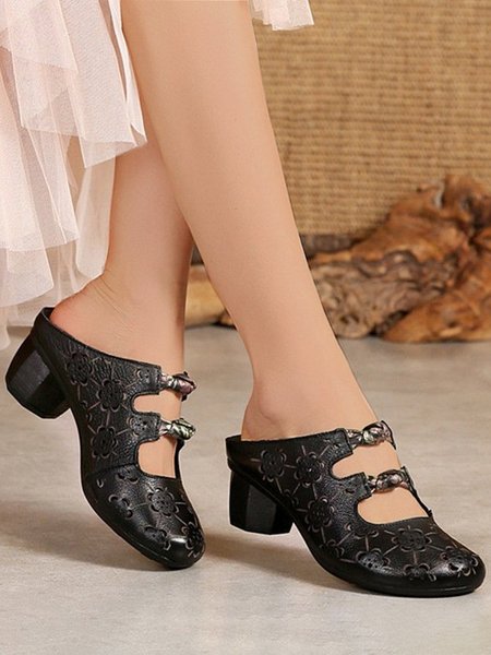 

Chunky Heel Cutout Floral Mules, Black, Flats
