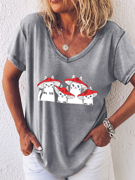 Women's Cute Mushroom Cat V Neck Loose T-Shirt, Gray, T-shirts