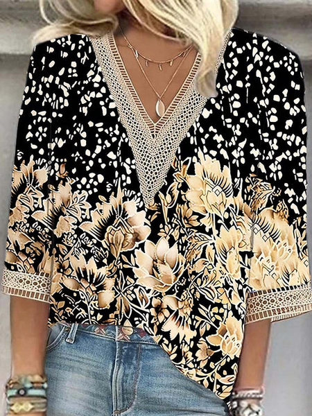 

Lace V Neck Loose Casual Shirt, Black, Shirts & Blouses