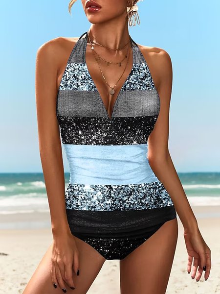 

V Neck Printing Vacation Color Block Tankini, Blue, swimwear>>Tankinis