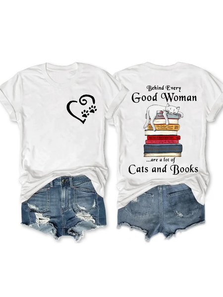 

Women's Cotton Casual Life Is Better with Cats And Books Crew Neck T-Shirt, White, T-shirts