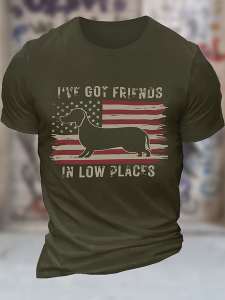 

Men's Funny Dachshund I've Got Friends In Low Places Flag Crew Neck Casual T-Shirt, Green, T-shirts