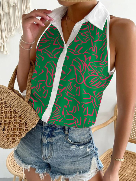 

Urban Loose Lightweight Shirt Collar Sleeveless Abstract Blouse, Green, Blouses and Shirts