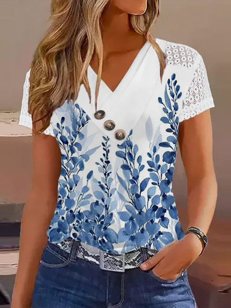 

Lace Casual V Neck Floral Shirt, White, Shirts & Blouses