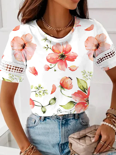 

Lace Crew Neck Casual Regular Fit T-Shirt, White, T-Shirts