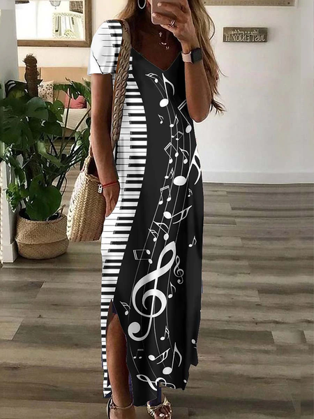 

Jersey V Neck Casual Color Block Dress, Black-white, Dresses