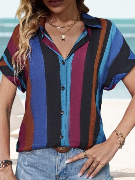 

Cotton Casual Shirt Collar Loose Striped Print Batwing Sleeve Blouse, Blue, Shirts & Blouses