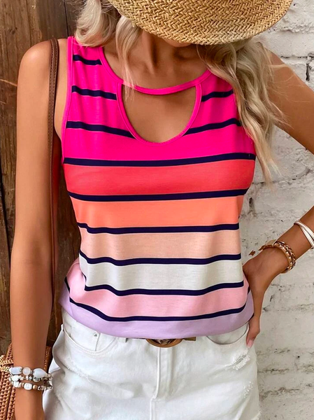 

Casual Crew Neck Loose Striped Tank Top, Pink, Tanks & Camis