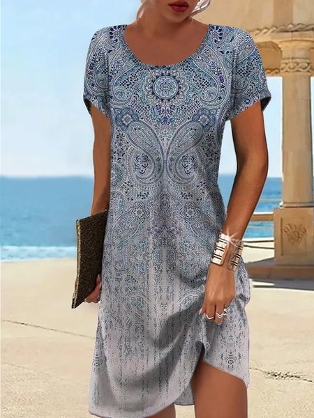 

Loose Crew Neck Vacation Dress With, Blue, Dresses