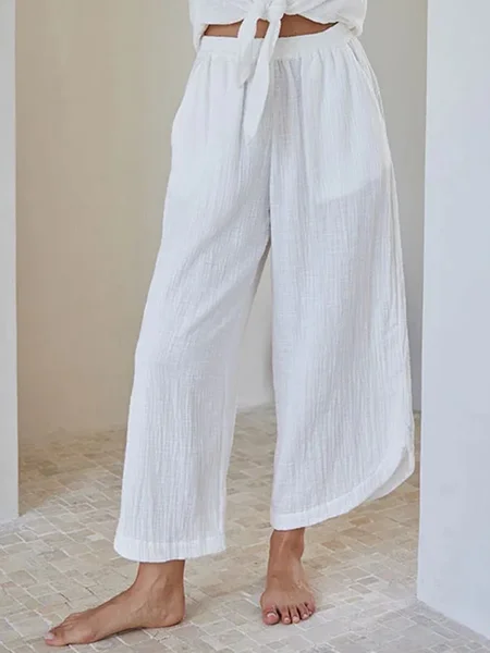 

Womens Wide Leg Linen Pants High Waisted Drawstring Flowy Crop Trousers with Pockets, White, Pants