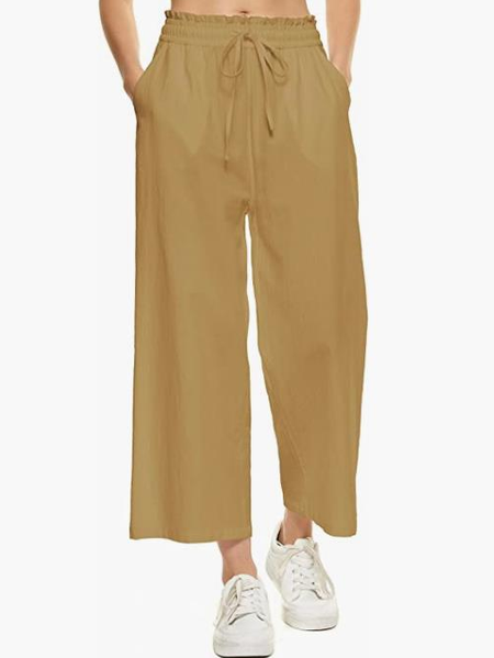 

Womens Wide Leg Linen Pants High Waisted Drawstring Flowy Crop Trousers with Pockets, Brown, Pants