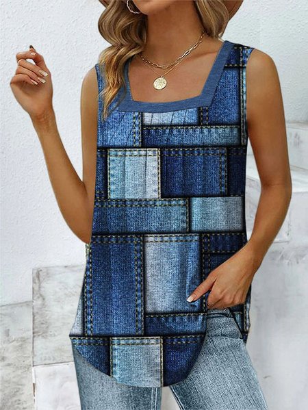 

Casual Knitted Classical Geometry Tank Top, Blue, Tanks & Camis