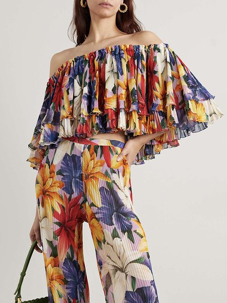 

Floral Cold Shoulder Vacation Shirt, Flower, Blouses and Shirts