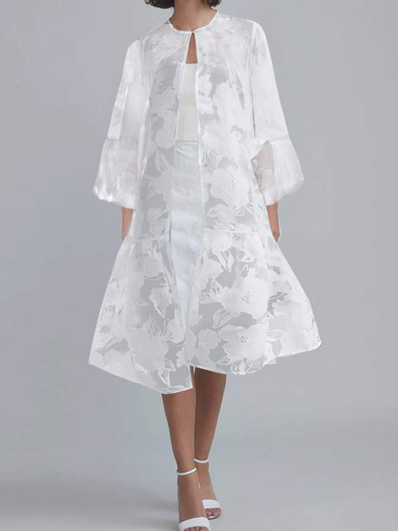 

Elegant Loose Crew Neck Ultra lightweight Three Quarter Mid-long Kimono, White, Kimonos
