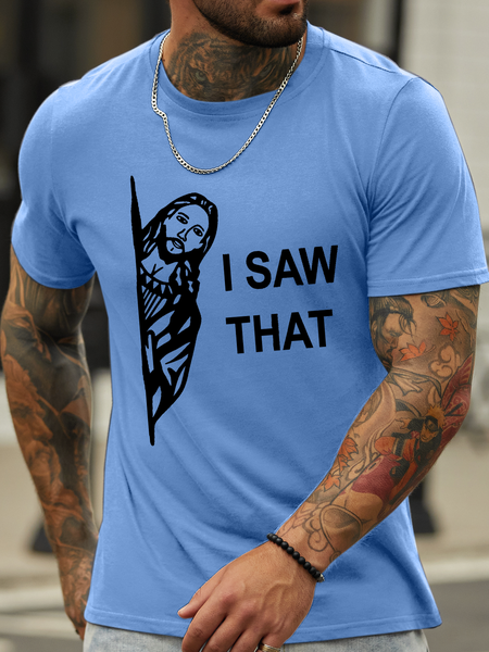 

Men's Jesus Faith I Saw That Crew Neck Loose Text Letters Casual T-Shirt, Light blue, T-shirts