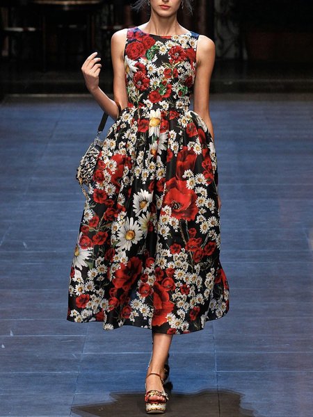

Elegant Regular Fit Crew Neck Dress With No, Flower, Midi Dresses