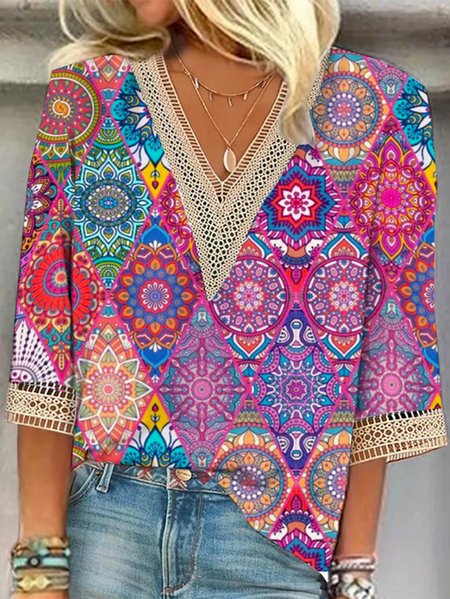 V Neck Lace Casual Ethnic Shirt, Rose red, Shirts & Blouses