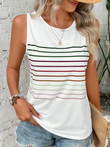

Striped Crew Neck Vacation Tank Top, White, Tanks & Camis