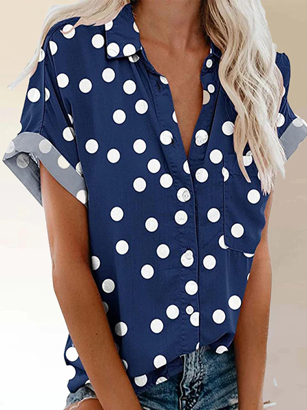 

Polka Dots Casual Shirt Collar Loose Blouse, Blue, Shirts & Blouses