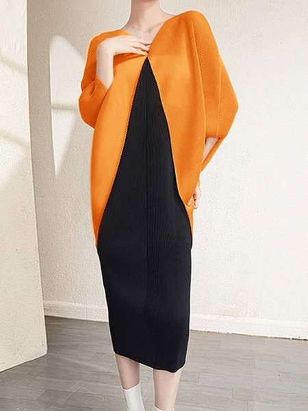 

Color Block Regular Fit Elegant Dress, Black-gold, Midi Dresses