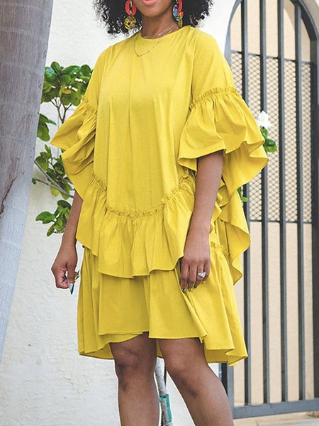 

Crew Neck Regular Fit Urban Plain Dress With No, Yellow, Mini Dresses